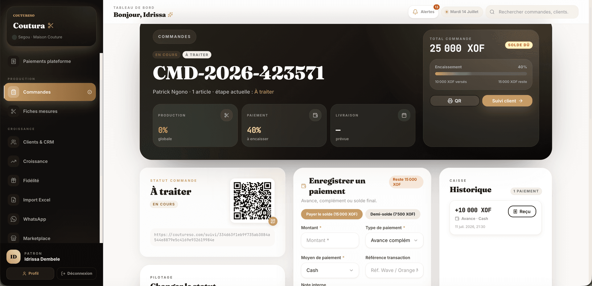 Détail d'une commande CoutureSo sur ordinateur : articles, paiements, QR code de retrait et suivi client
