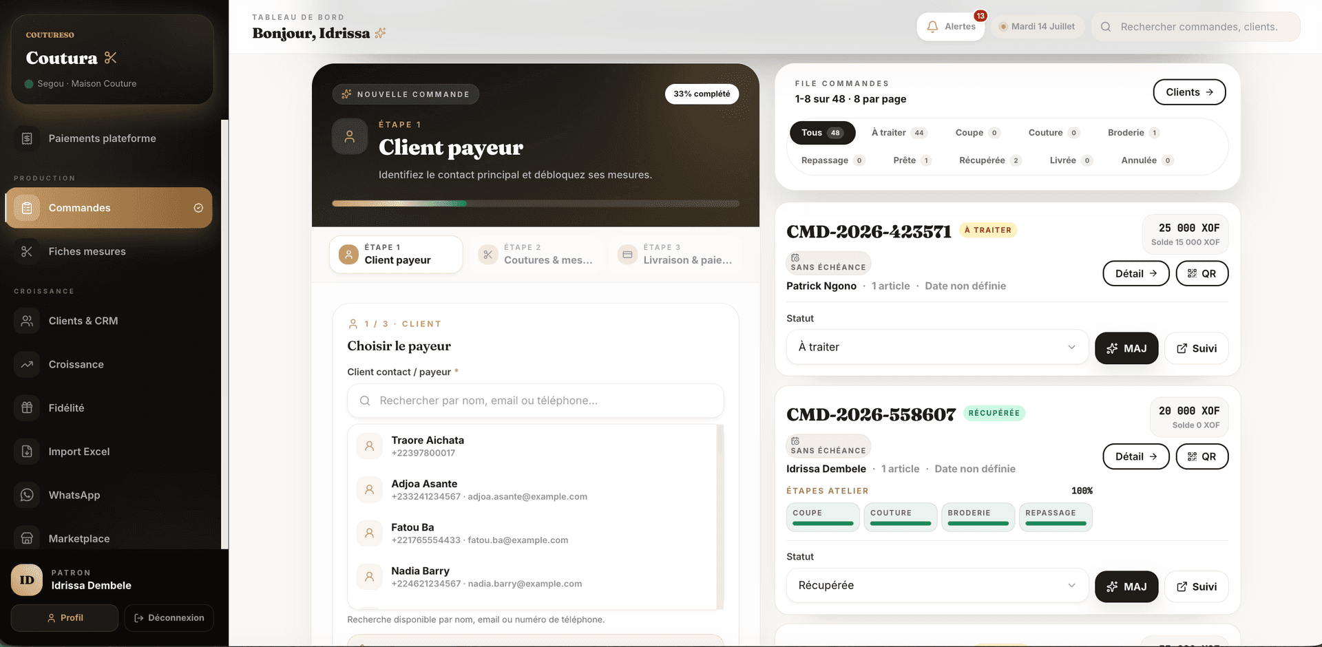 File de commandes CoutureSo sur ordinateur : statuts, étapes atelier, montants et soldes par commande