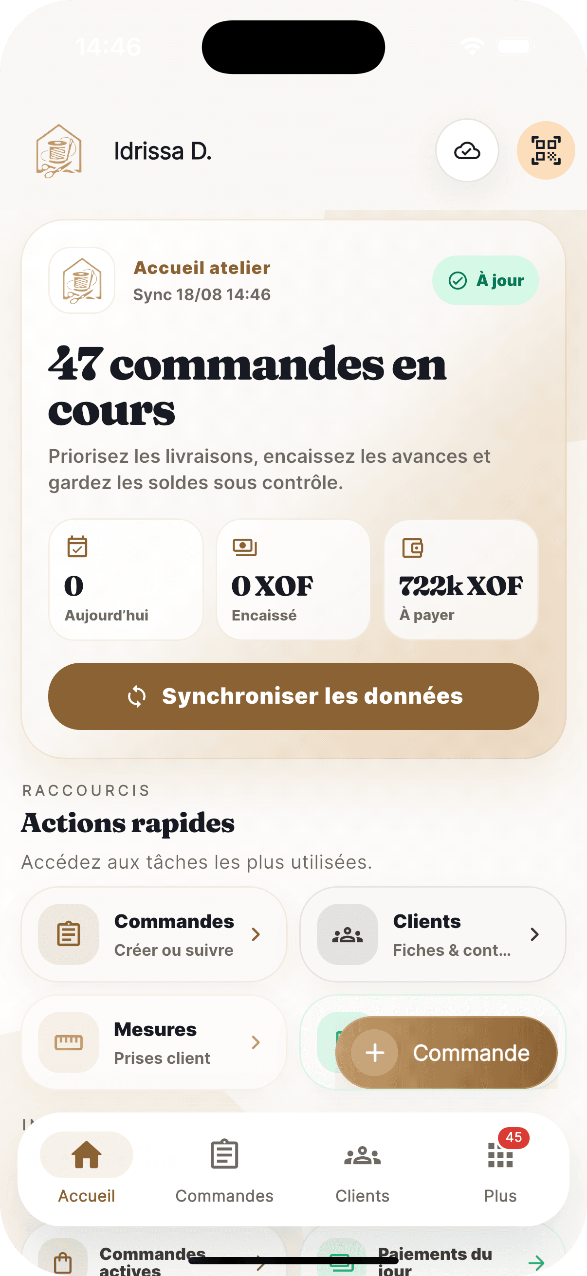 Application mobile CoutureSo : tableau de bord de l'atelier avec les commandes du jour et les actions rapides