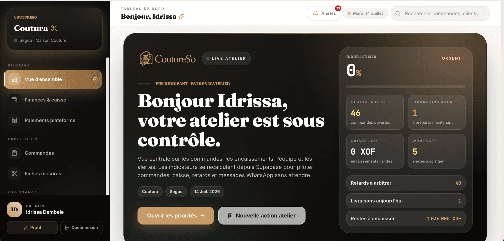 Tableau de bord CoutureSo sur ordinateur : vue d'ensemble de l'atelier, commandes en cours et indicateurs