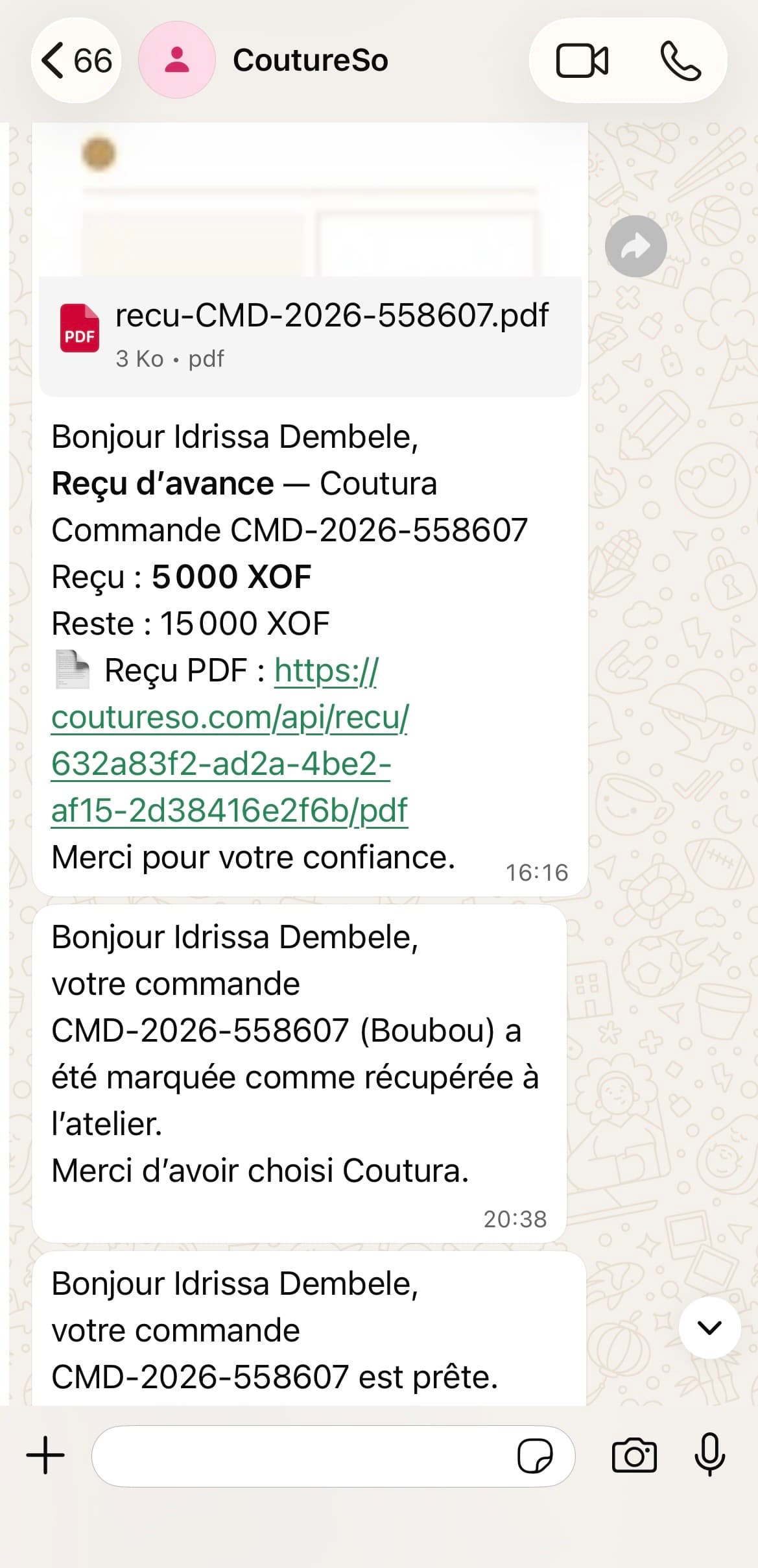 Conversation WhatsApp réelle : la cliente reçoit automatiquement son reçu PDF CoutureSo avec l'acompte et le reste à payer