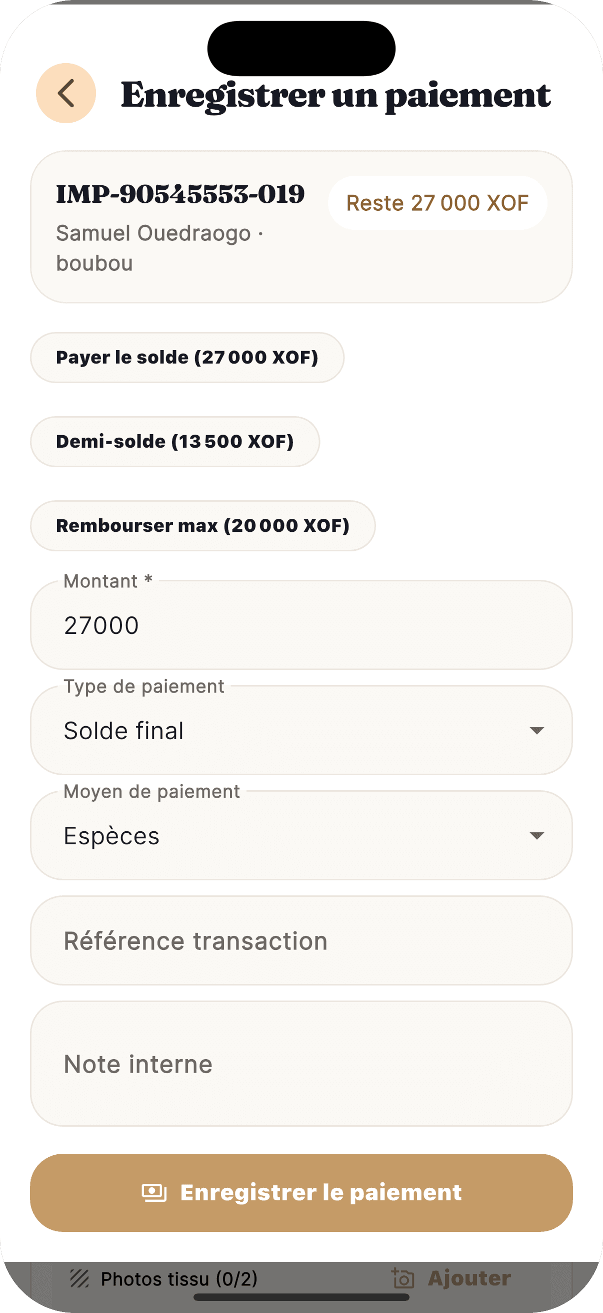 Enregistrement d'un paiement sur l'application mobile CoutureSo : montant, méthode et reçu automatique