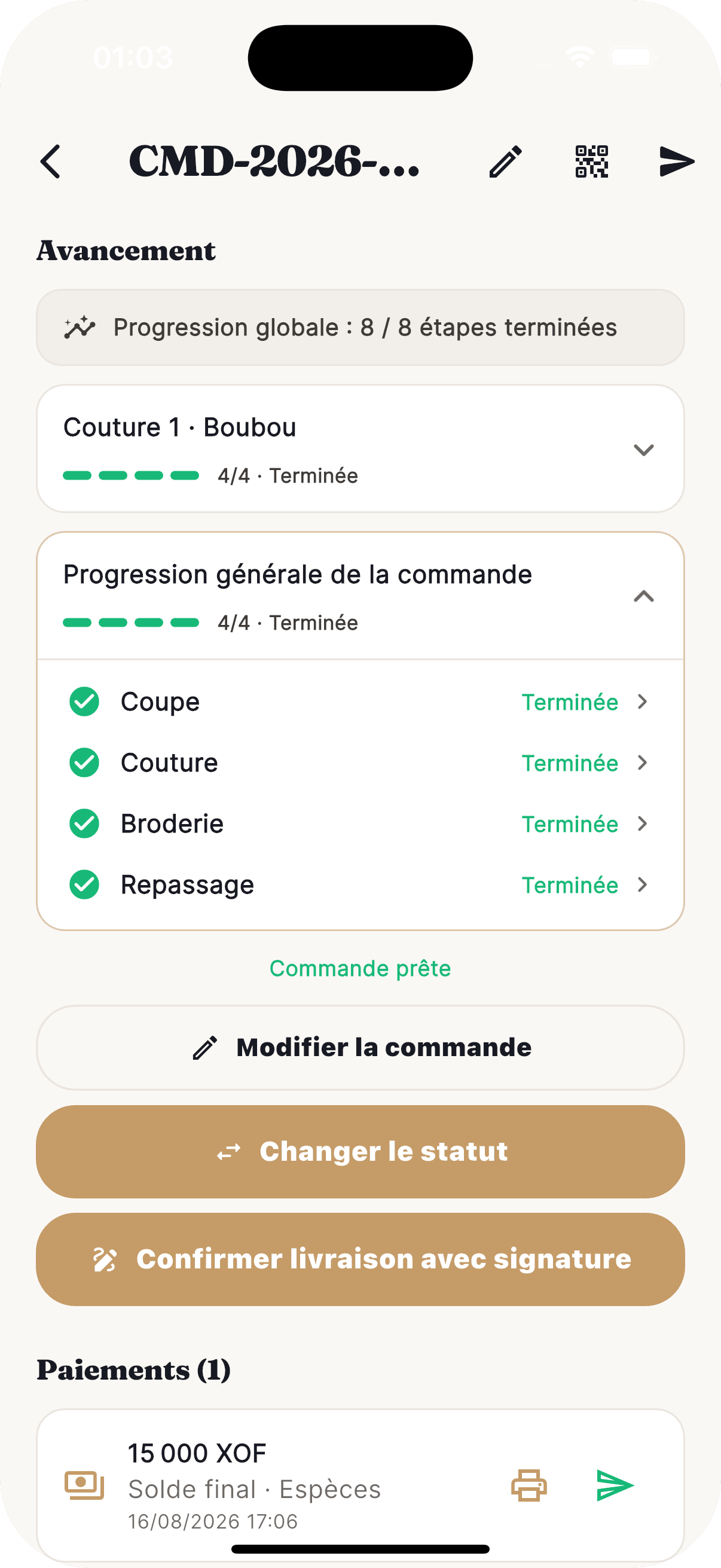 Suivi de production sur l'application mobile CoutureSo : étapes coupe, couture, broderie et repassage